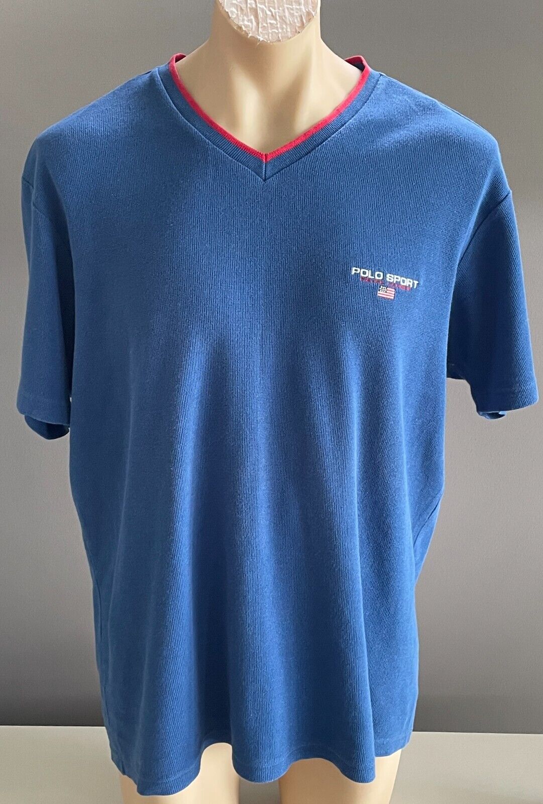 POLO SPORT by RALPH LAUREN T-Shirt Blue Waffle V Neck Mens XL 128cm US Flag