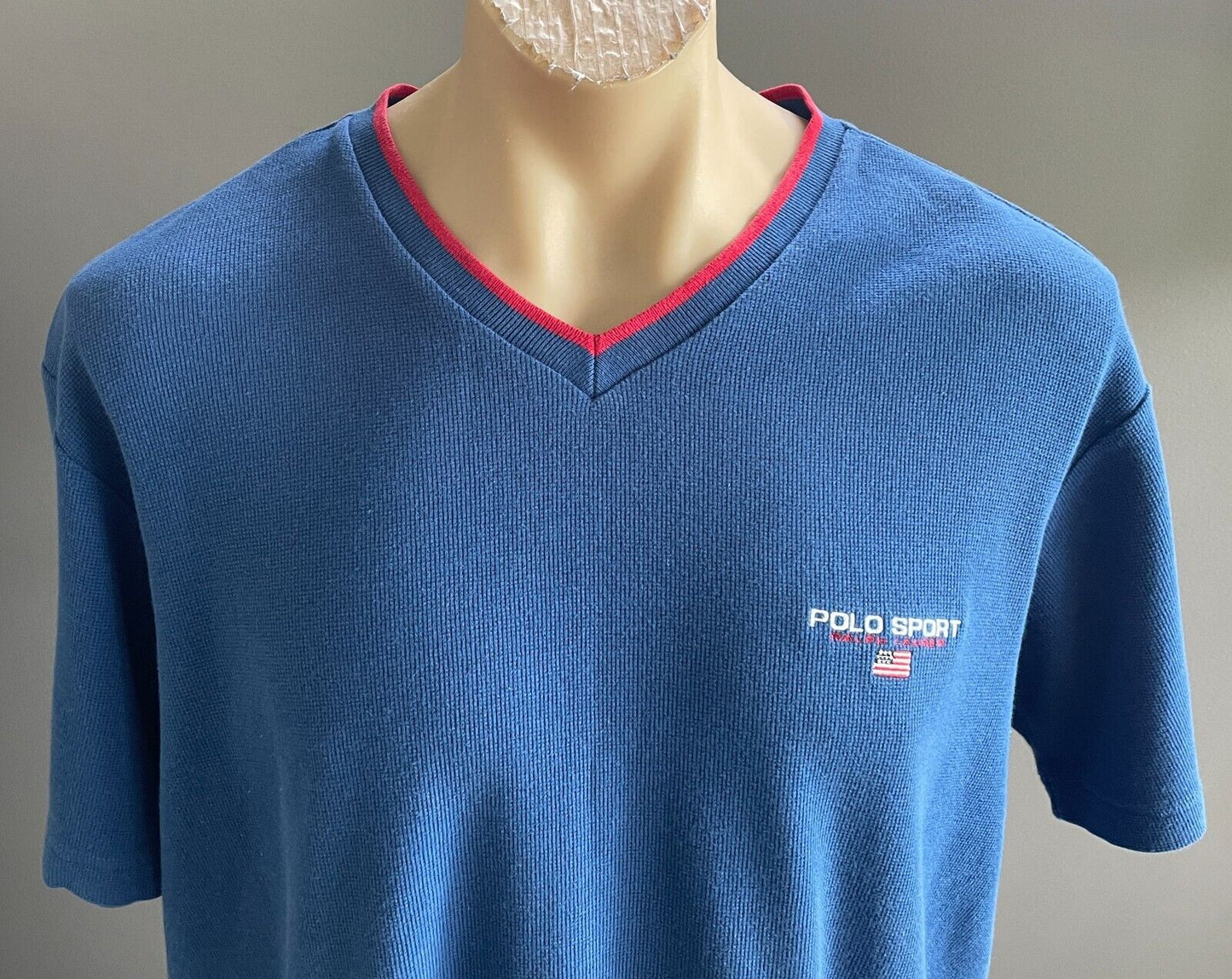 POLO SPORT by RALPH LAUREN T-Shirt Blue Waffle V Neck Mens XL 128cm US Flag