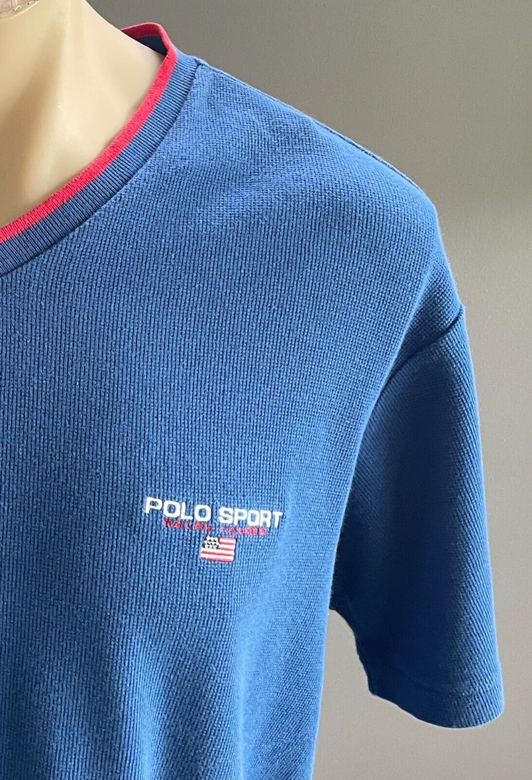 POLO SPORT by RALPH LAUREN T-Shirt Blue Waffle V Neck Mens XL 128cm US Flag