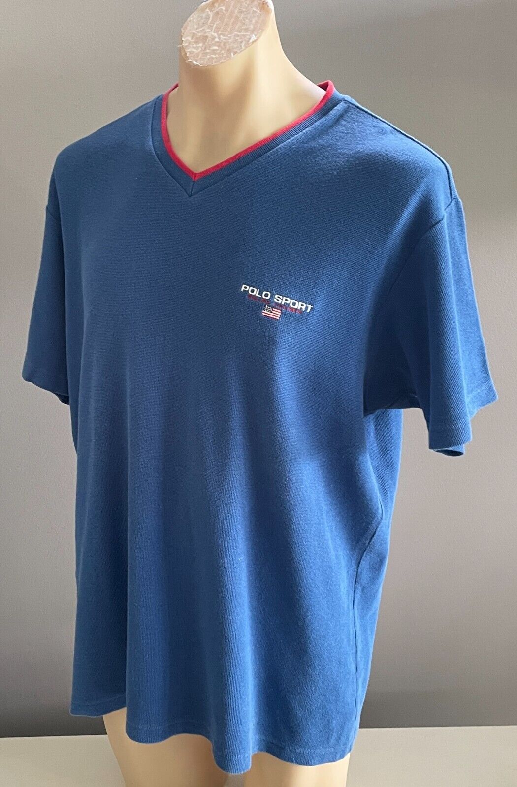 POLO SPORT by RALPH LAUREN T-Shirt Blue Waffle V Neck Mens XL 128cm US Flag