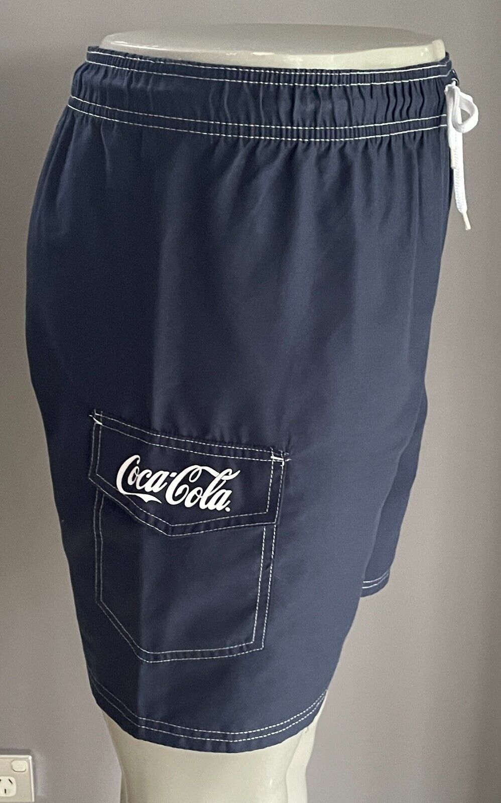 COCA COLA Swim Board Shorts Navy White Elastic Waist Mens Size M Logo NEW