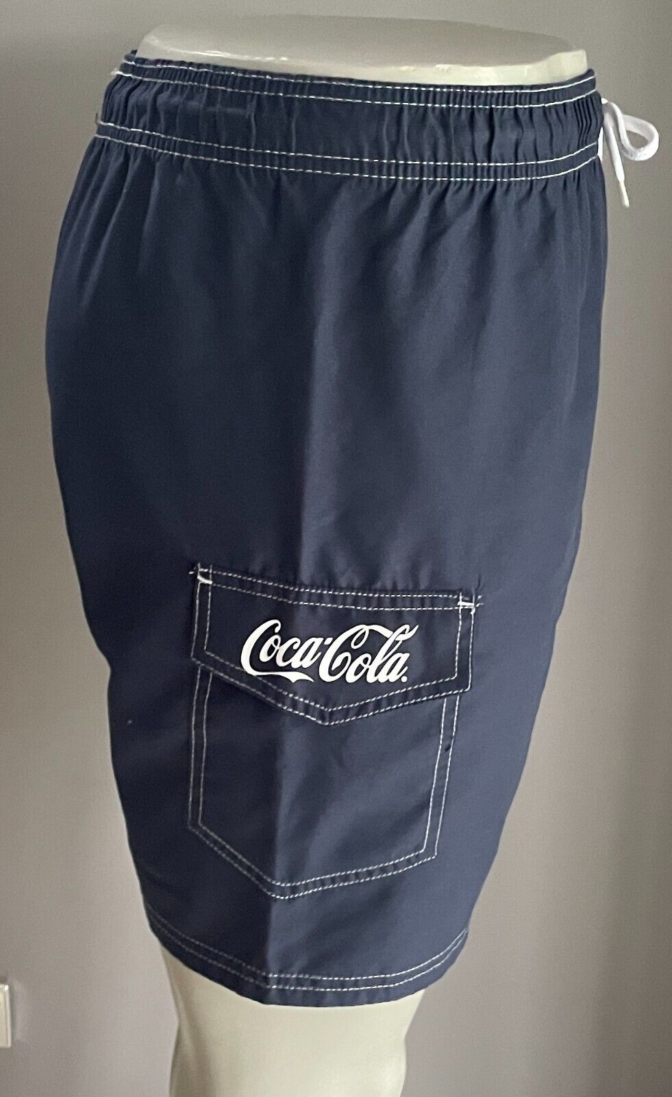 COCA COLA Swim Board Shorts Navy White Elastic Waist Mens Size M Logo NEW
