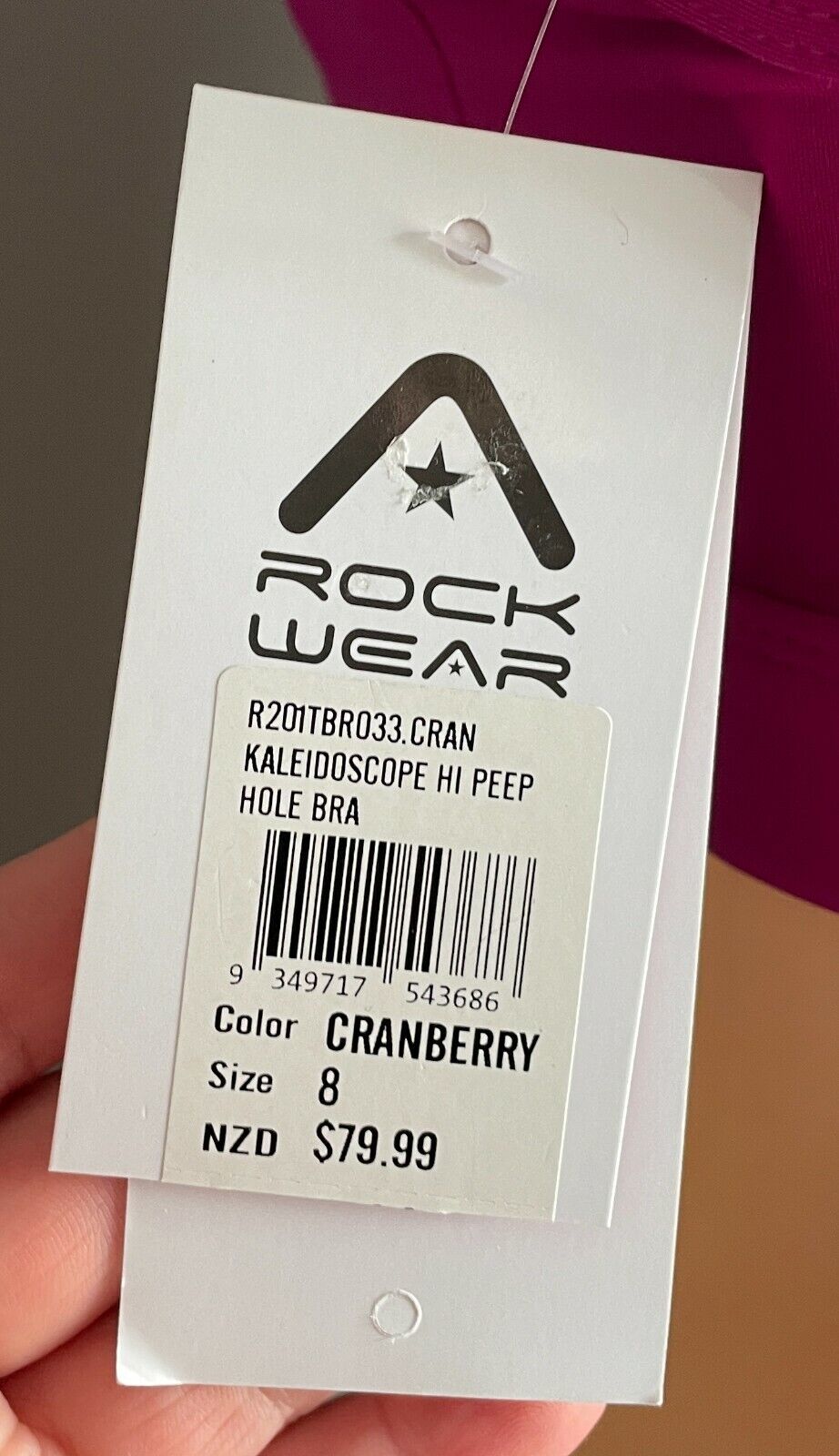 ROCKWEAR Sports Bra Cranberry Kaleidoscope Hi Peep Hole Ladies Size 8 10 Gym NEW