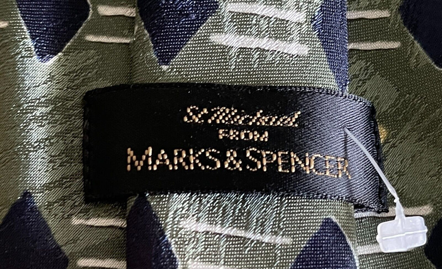 ST MICHAEL Neck Tie Khaki Navy Pale Yellow White Abstract Print Mens Cravat