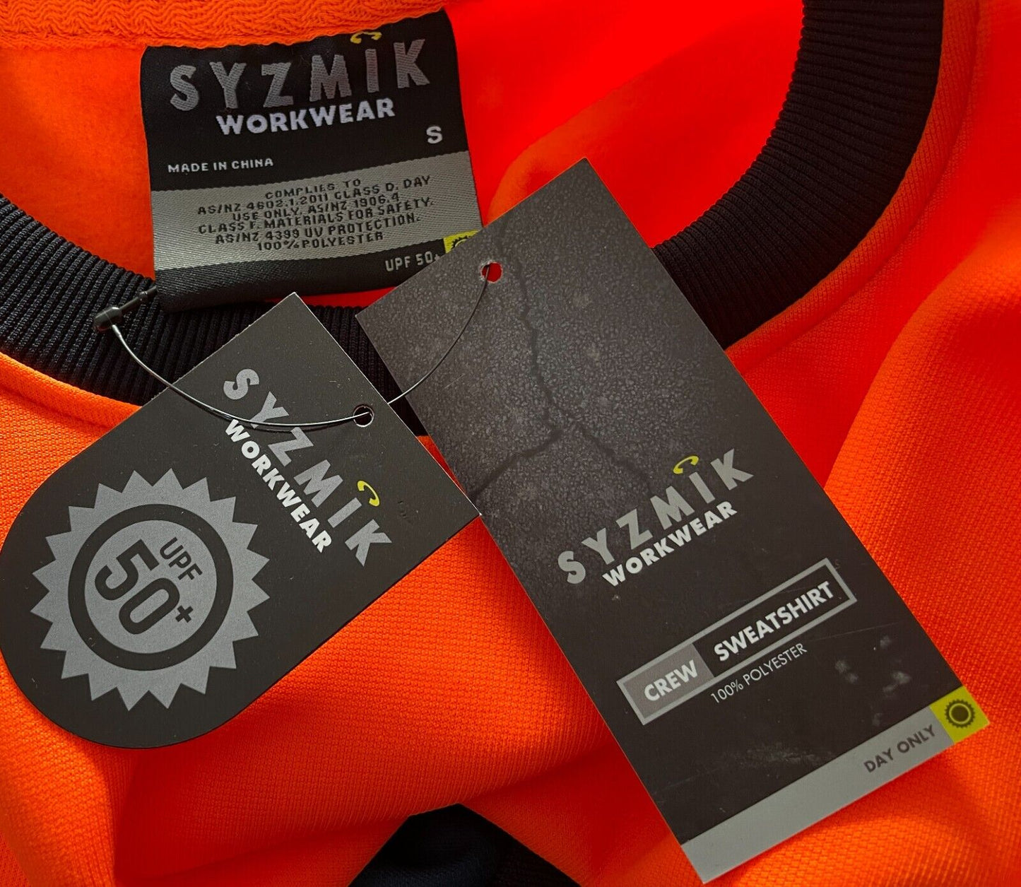 Mens SYZMIK Workwear Hi Viz Sweatshirt Orange Navy Crew Size S Tradie NEW