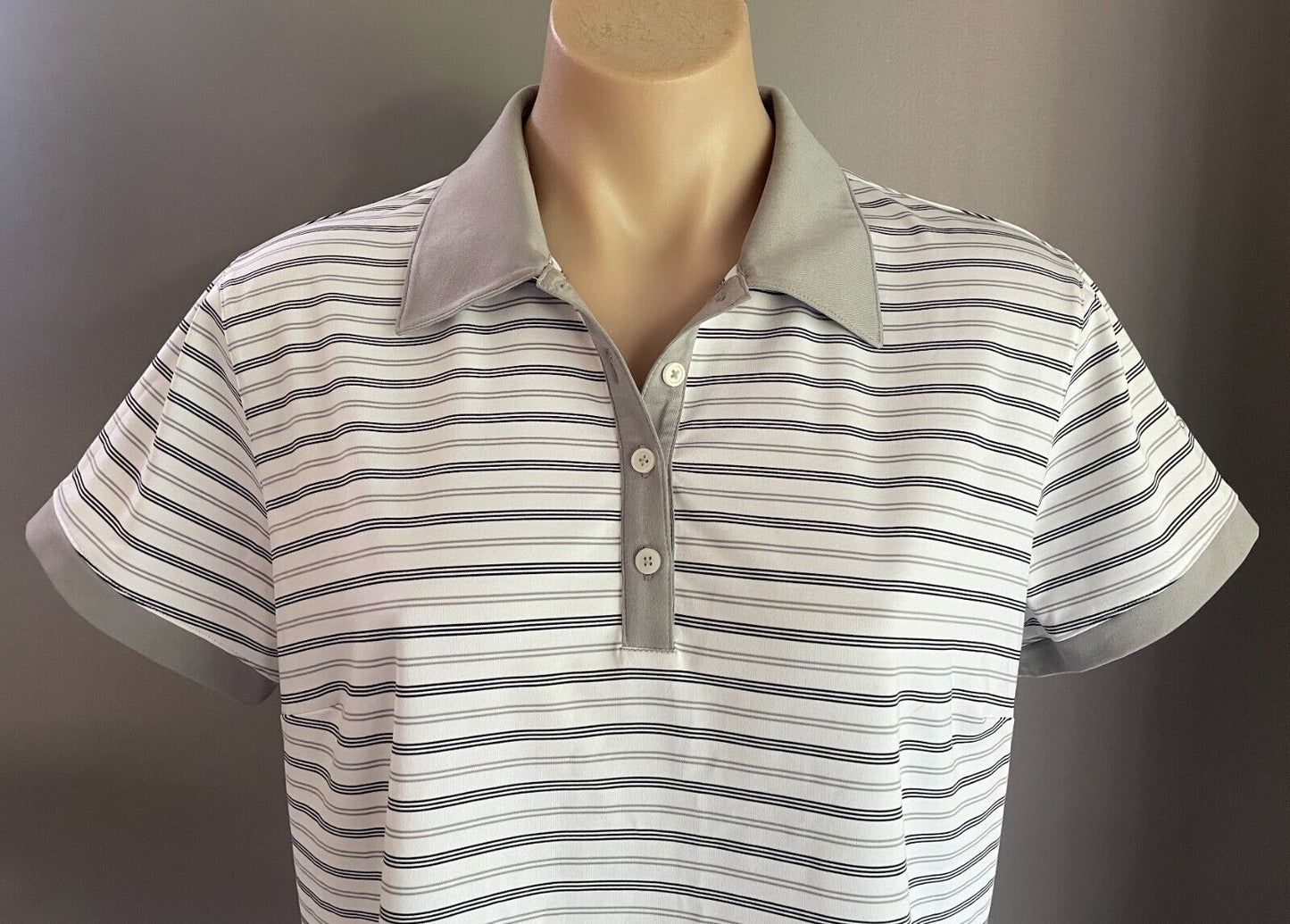 ADIDAS Golf Climalite Polo Shirt Grey Black White Stripe Short Sleeve Ladies L