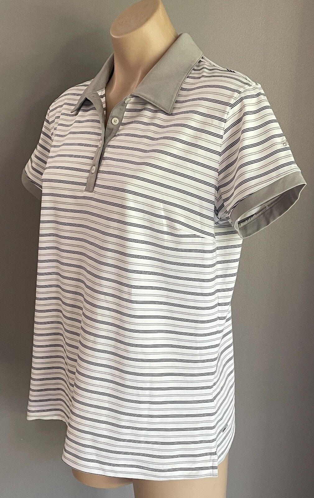 ADIDAS Golf Climalite Polo Shirt Grey Black White Stripe Short Sleeve Ladies L