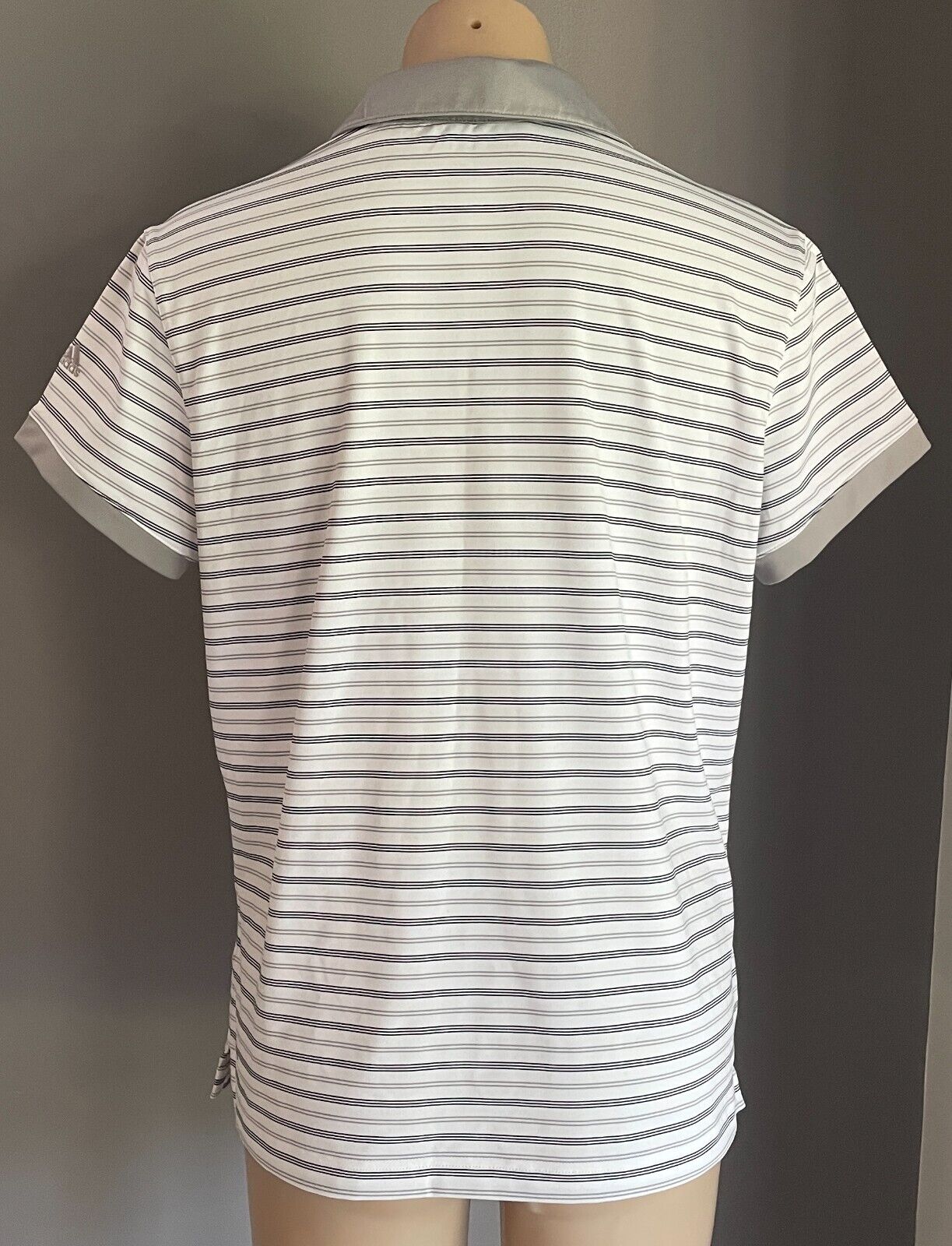 ADIDAS Golf Climalite Polo Shirt Grey Black White Stripe Short Sleeve Ladies L