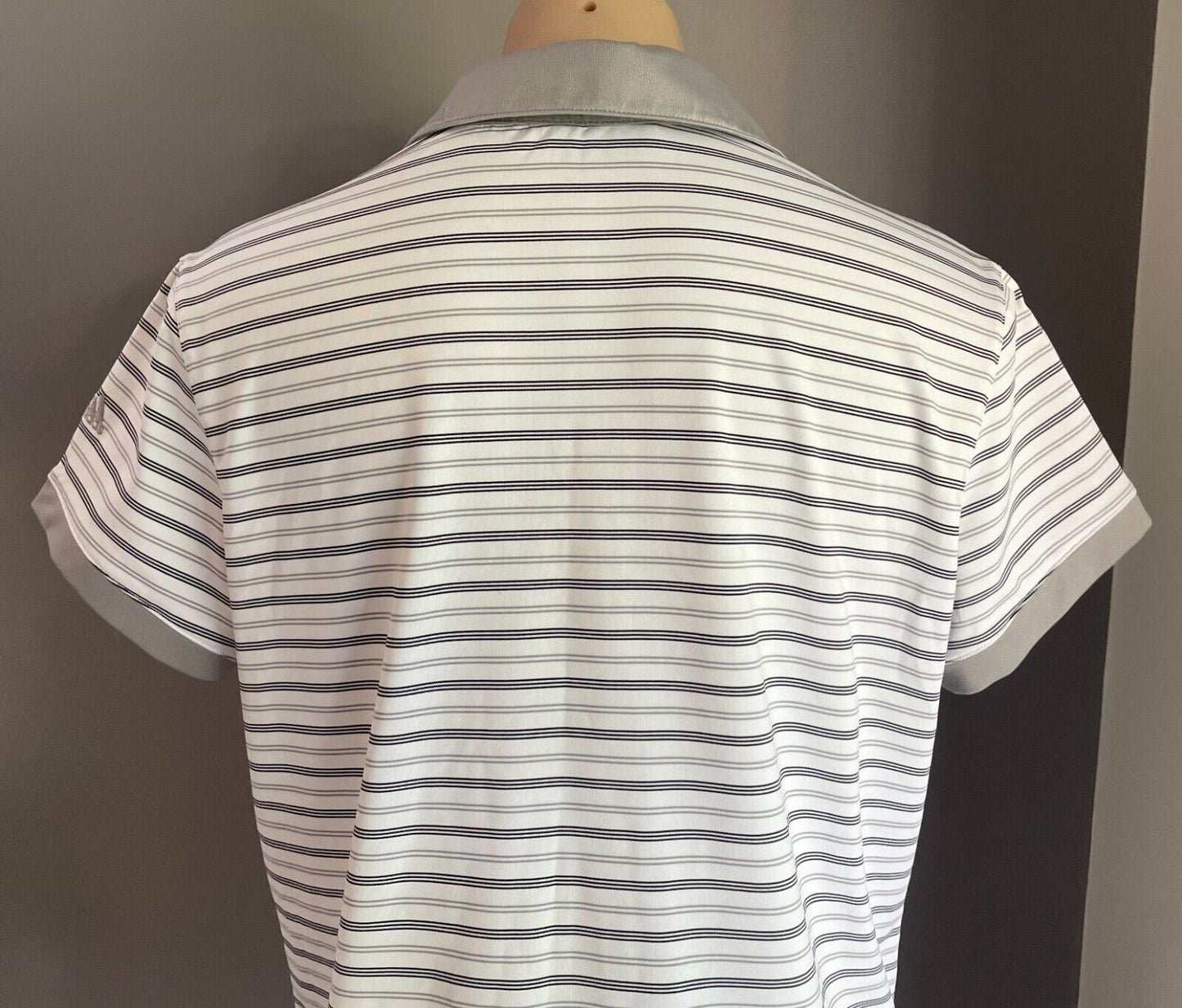 ADIDAS Golf Climalite Polo Shirt Grey Black White Stripe Short Sleeve Ladies L
