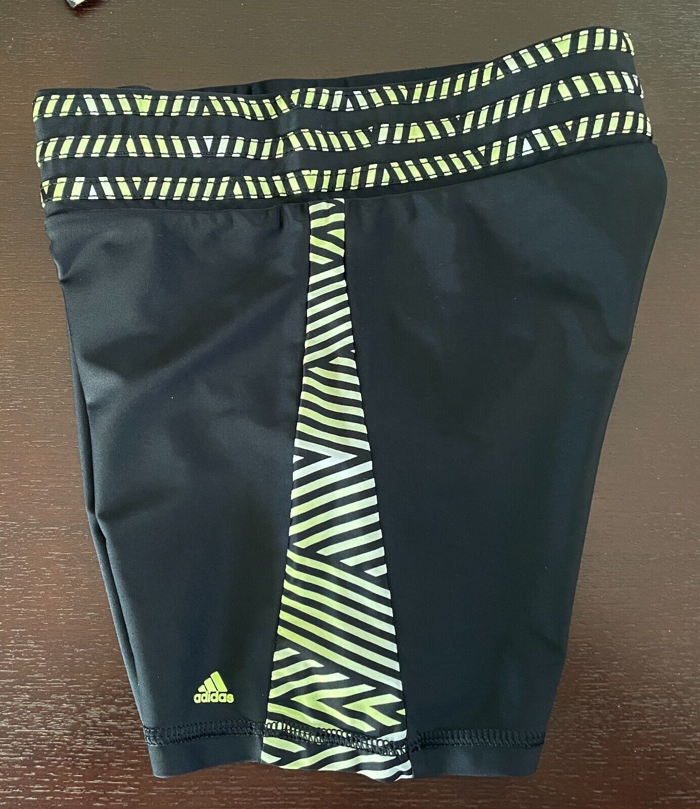 ADIDAS Training Shorts Black w Green & White Stripe Trim Stretch 13cm Size S