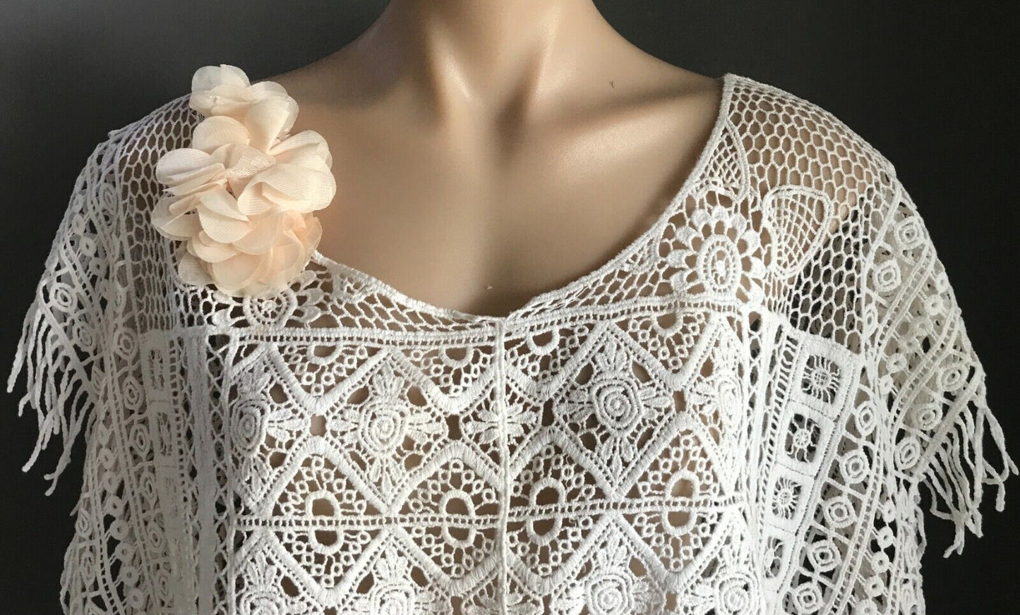 LUV LOU Crop Top Fringed Poncho Top White Crochet Ladies Size 10 12
