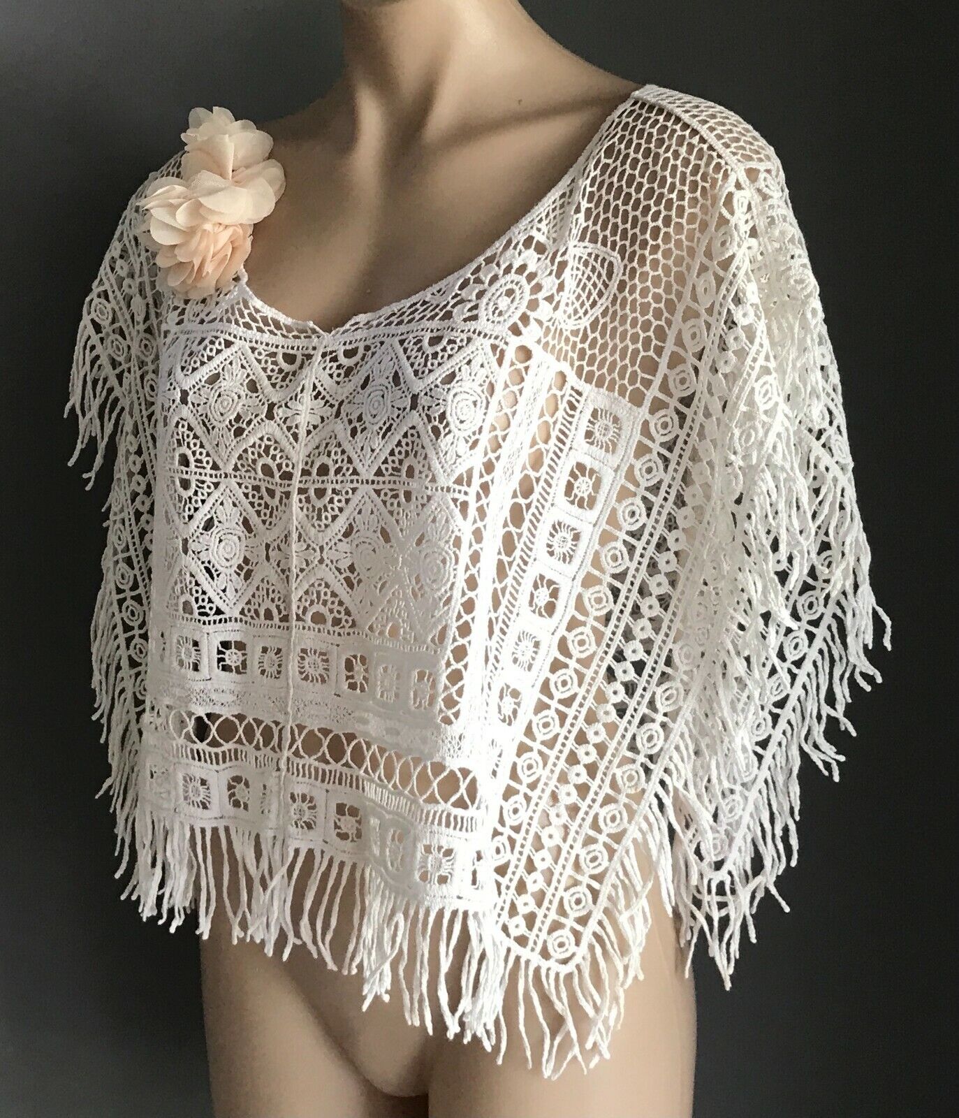 LUV LOU Crop Top Fringed Poncho Top White Crochet Ladies Size 10 12