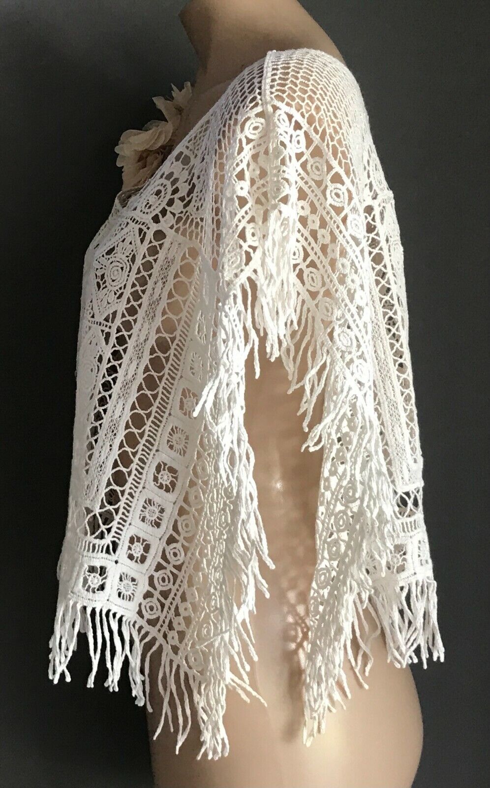 LUV LOU Crop Top Fringed Poncho Top White Crochet Ladies Size 10 12