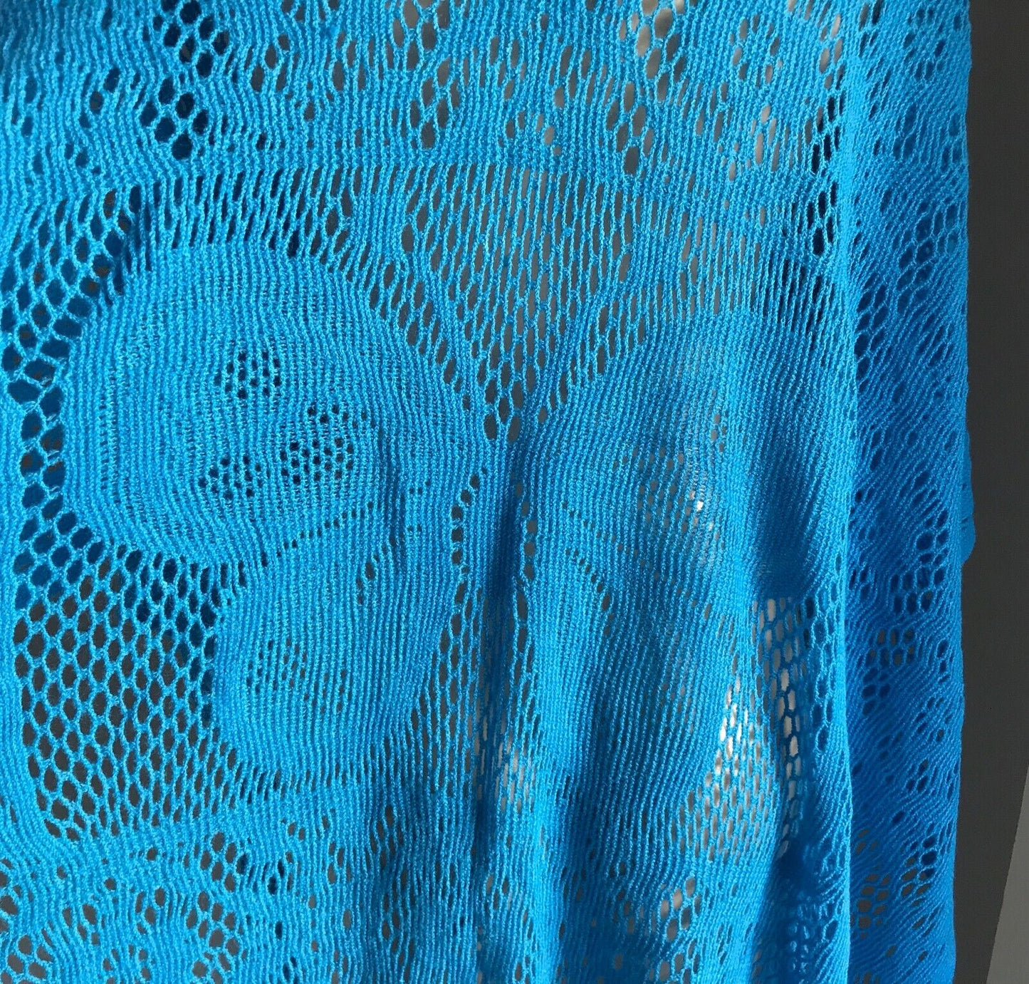 KIMONO Fringed Poncho Blue Open Crochet Knit Butterfly Motif Size 8 14 NEW