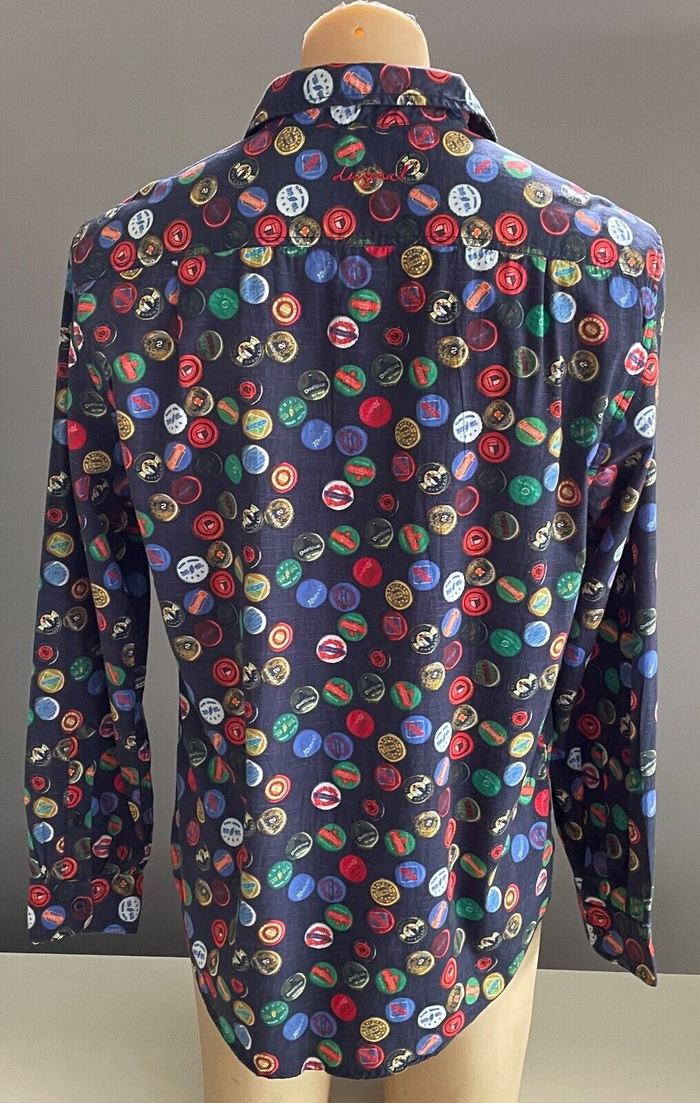 DESIGUAL Shirt Bottle Tops Graphic Navy Base Button Up Long Sleeve Beer Mens L