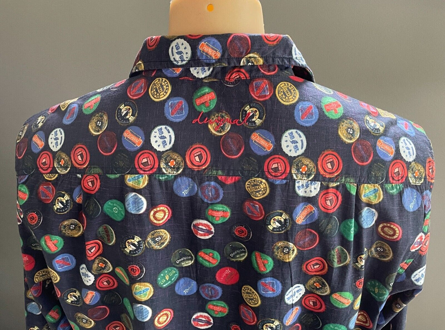 DESIGUAL Shirt Bottle Tops Graphic Navy Base Button Up Long Sleeve Beer Mens L