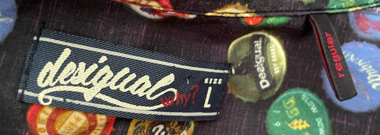 DESIGUAL Shirt Bottle Tops Graphic Navy Base Button Up Long Sleeve Beer Mens L