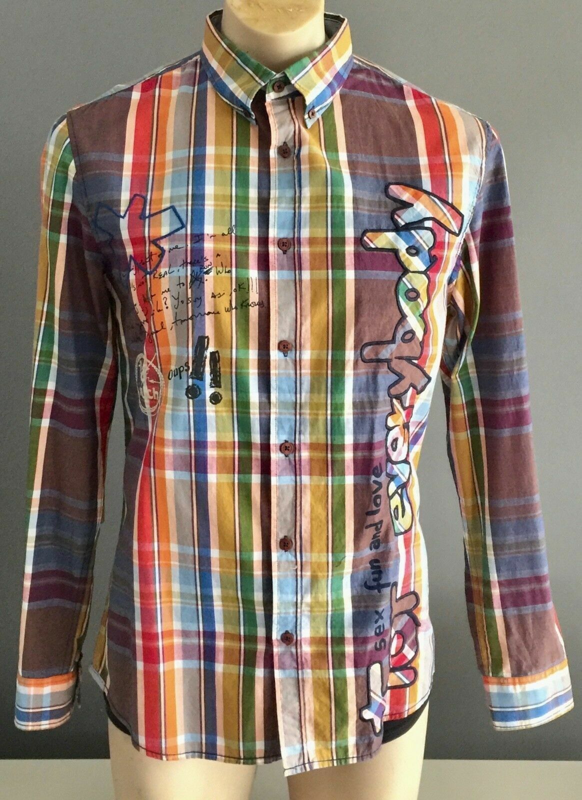 DESIGUAL Shirt Long Sleeve Bright MultiColour Check Designer Print Mens Sz L