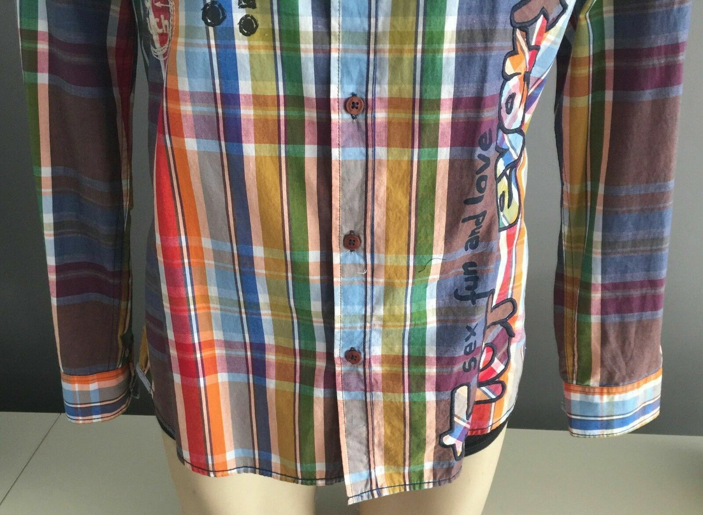 DESIGUAL Shirt Long Sleeve Bright MultiColour Check Designer Print Mens Sz L