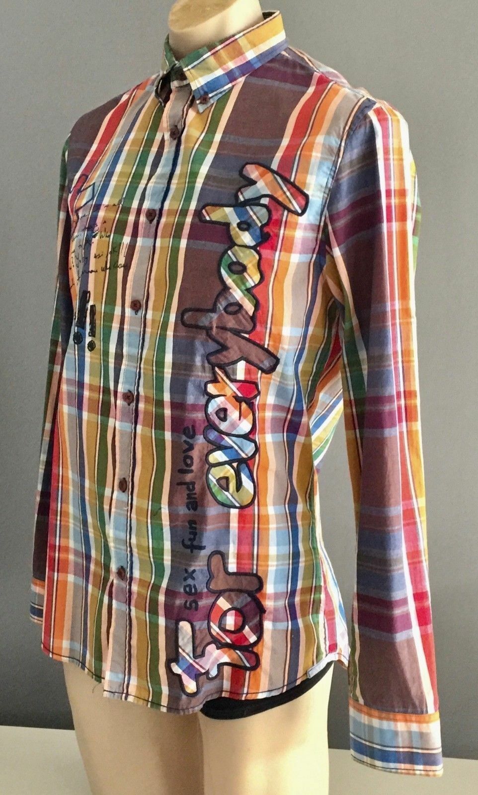 DESIGUAL Shirt Long Sleeve Bright MultiColour Check Designer Print Mens Sz L
