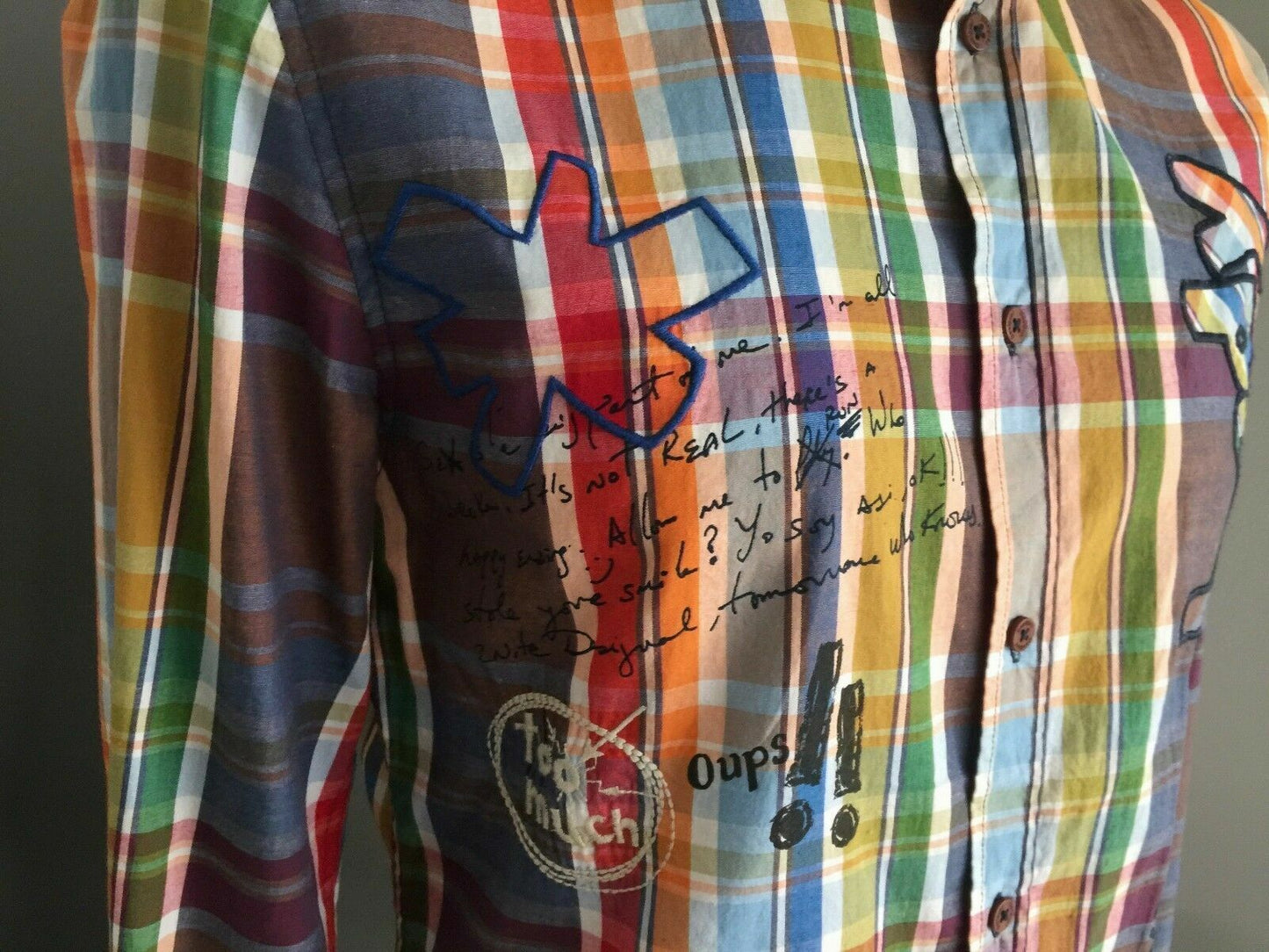 DESIGUAL Shirt Long Sleeve Bright MultiColour Check Designer Print Mens Sz L