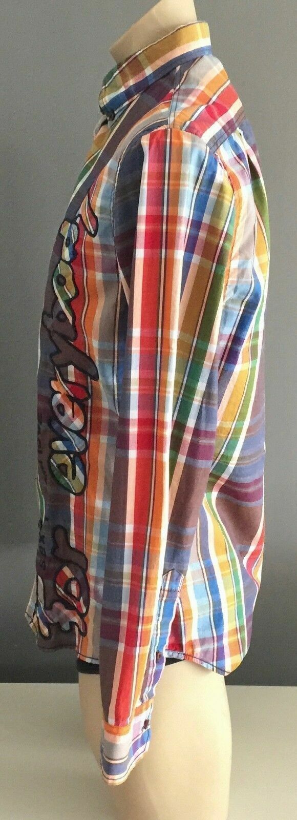 DESIGUAL Shirt Long Sleeve Bright MultiColour Check Designer Print Mens Sz L