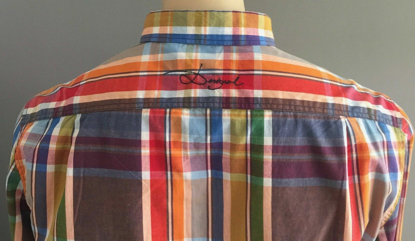 DESIGUAL Shirt Long Sleeve Bright MultiColour Check Designer Print Mens Sz L