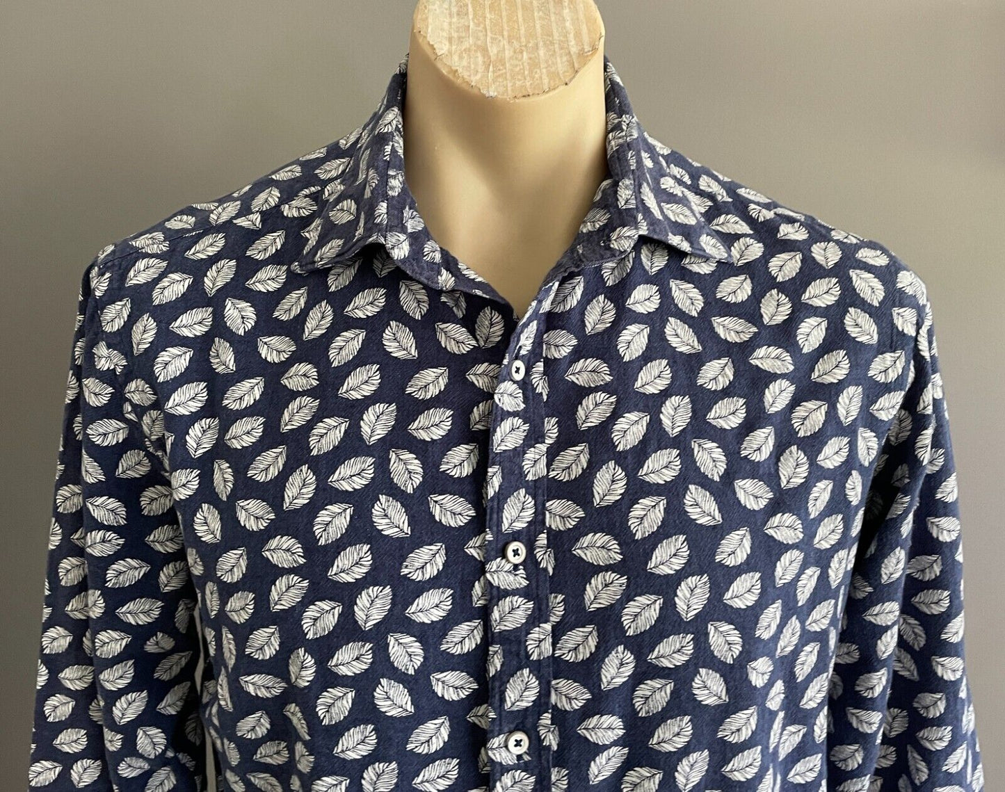 MJB Cuban M J BALE Shirt Linen Blend Blue White Leaves Long Sleeve Mens Size M