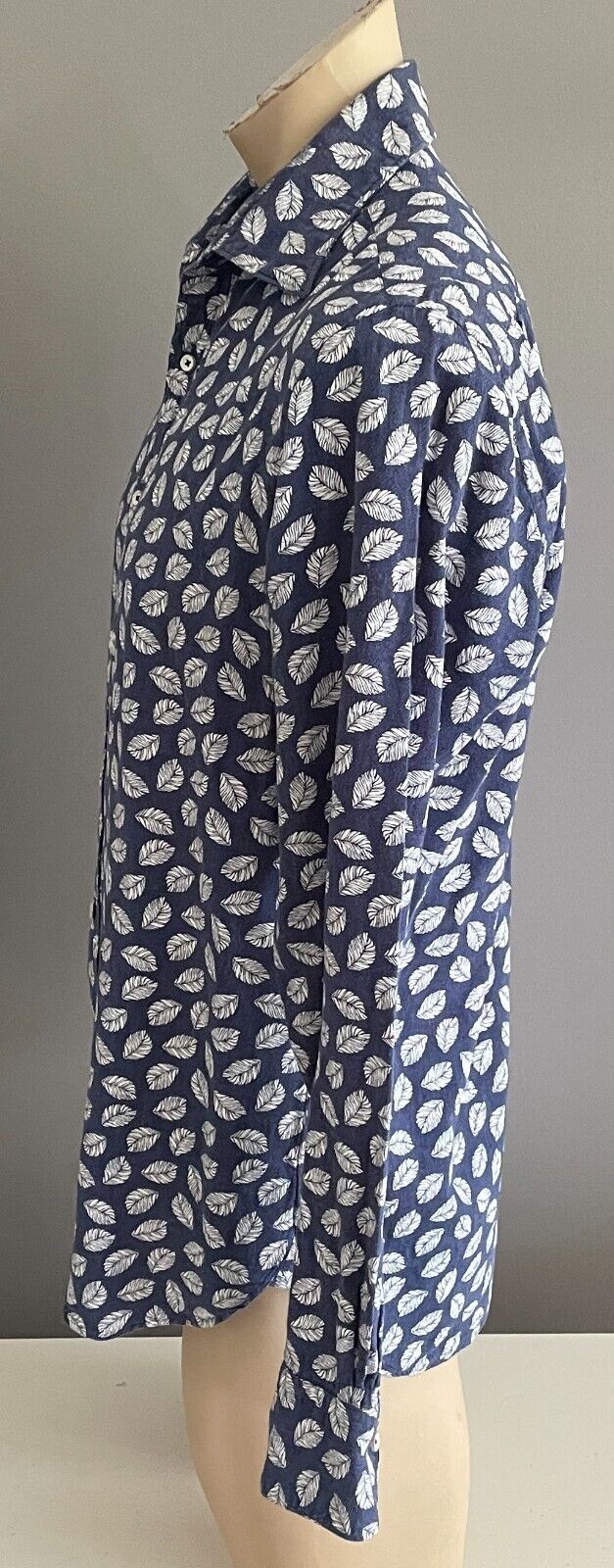 MJB Cuban M J BALE Shirt Linen Blend Blue White Leaves Long Sleeve Mens Size M