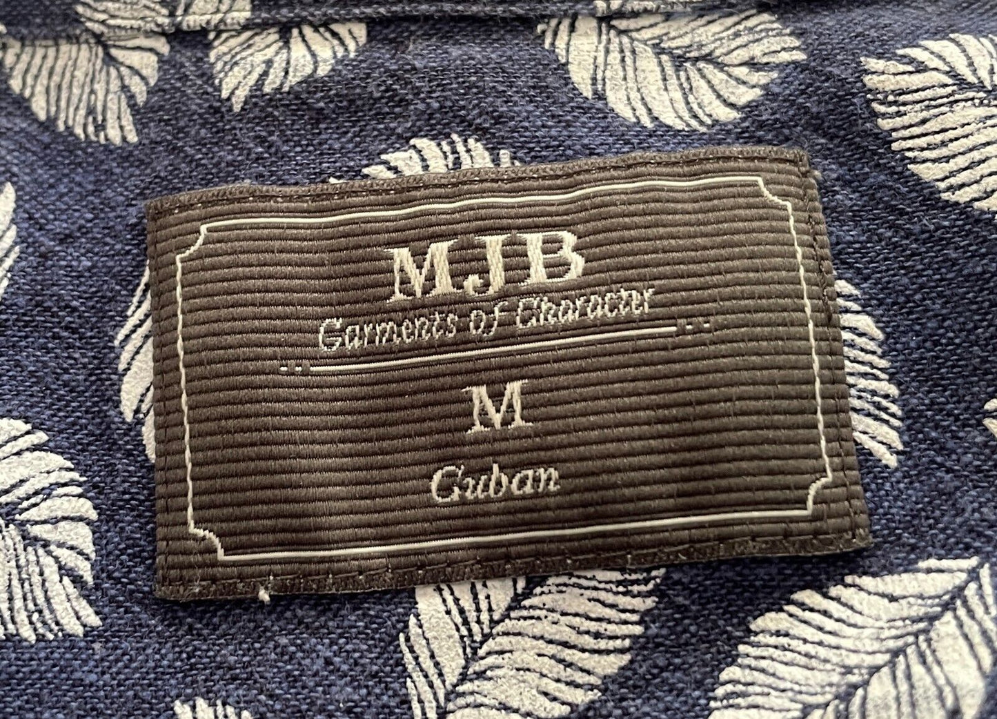 MJB Cuban M J BALE Shirt Linen Blend Blue White Leaves Long Sleeve Mens Size M