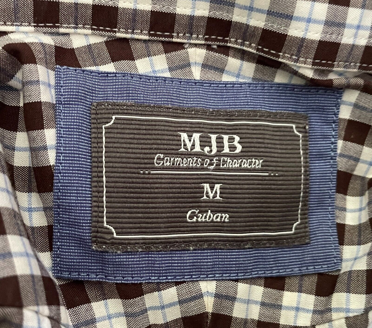 MJB Cuban M J BALE Check Shirt Brown White Blue Button Down L Sleeve Mens Size M