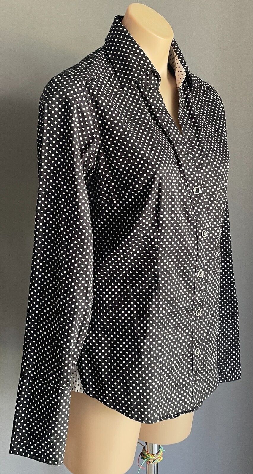 BEN SHERMAN Shirt Black White Polka Dot Button Long Sleeve Fitted Ladies Size M