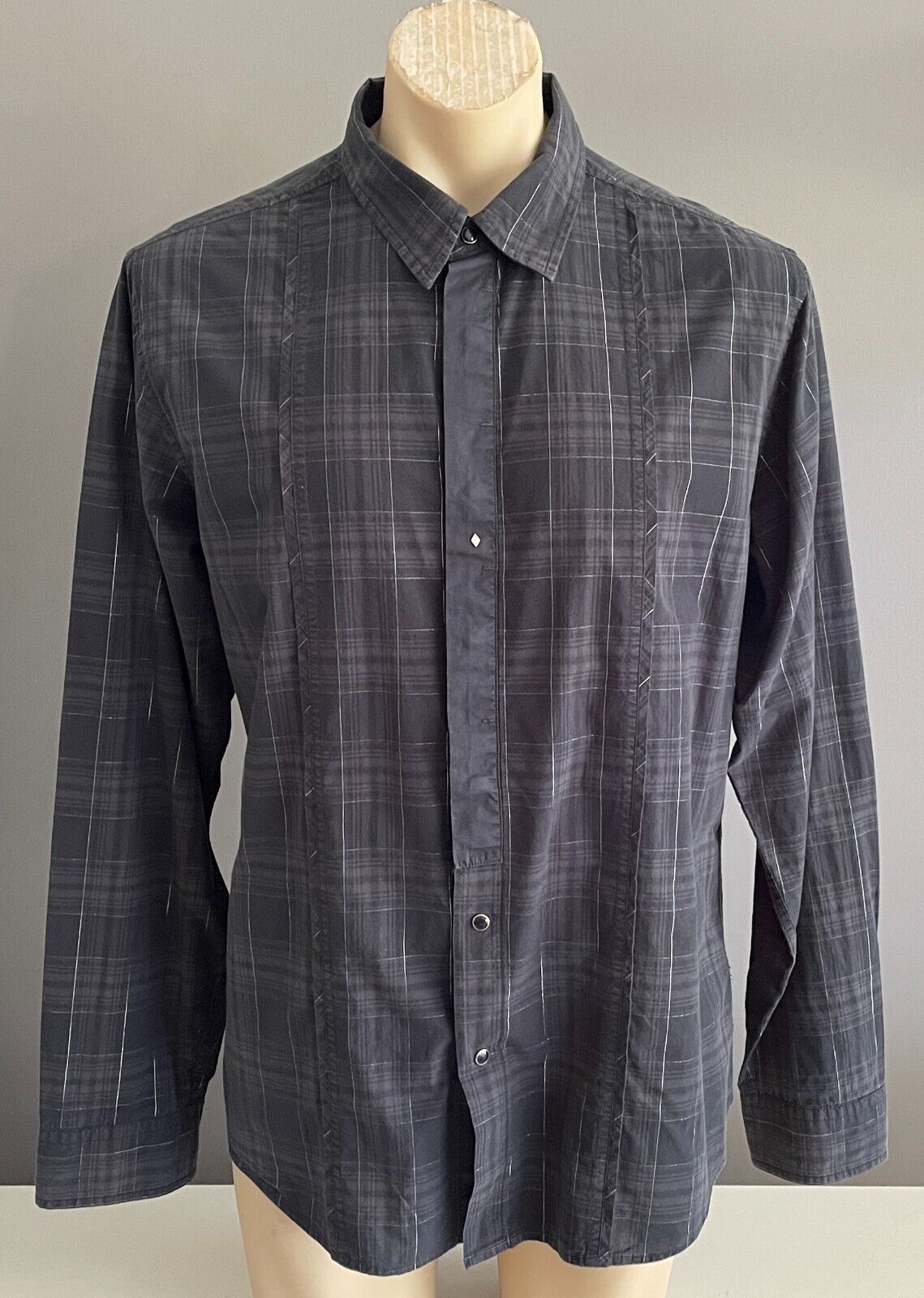 GUESS Shirt Silver Thread Grey Black Check Long Sleeve Button Mens Size 42