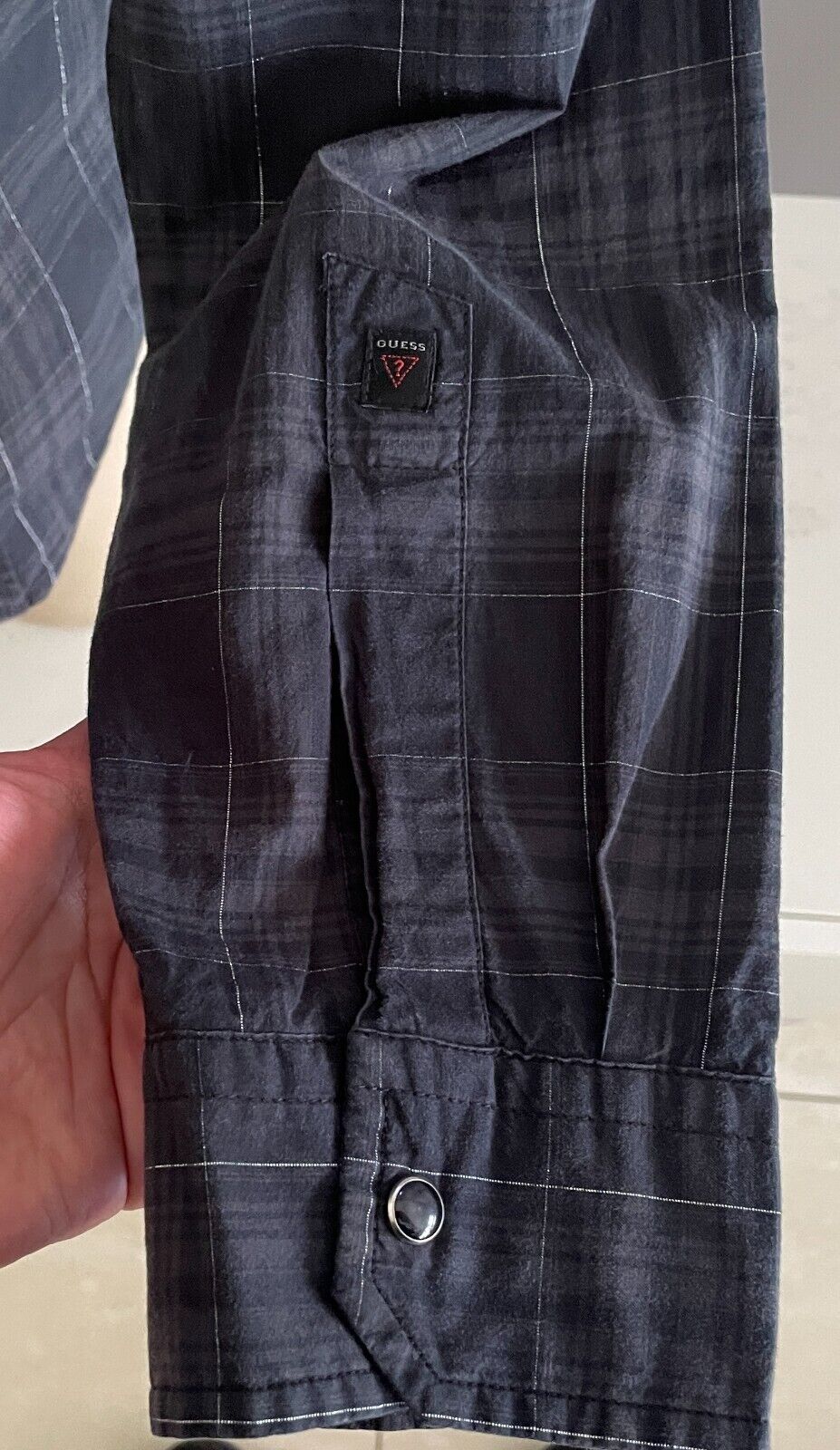 GUESS Shirt Silver Thread Grey Black Check Long Sleeve Button Mens Size 42