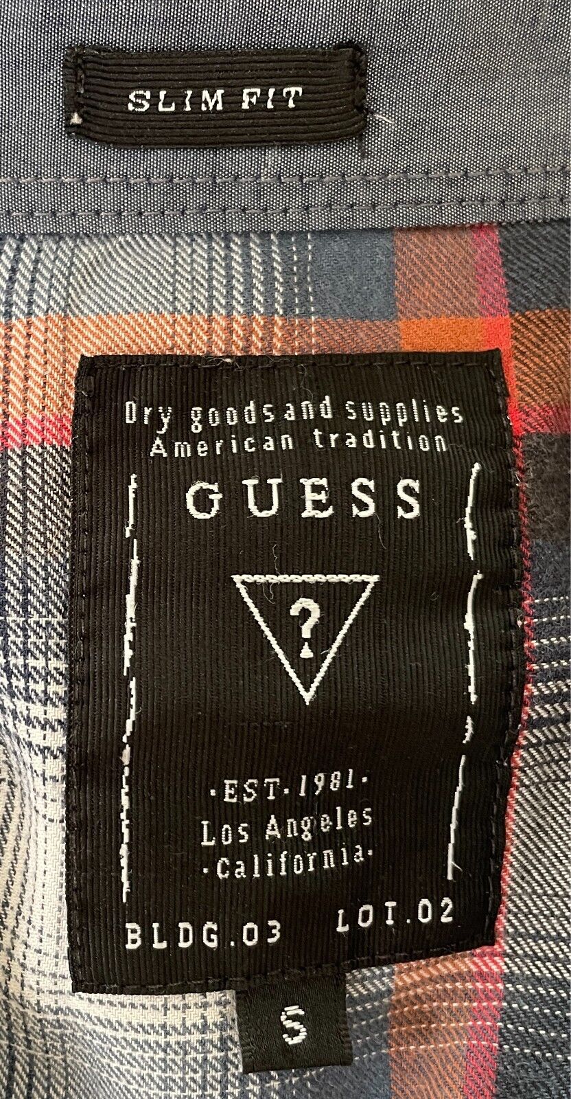 GUESS Cotton Shirt Plaid Print Slim Fit Mens Size S Button Front Long Sleeve
