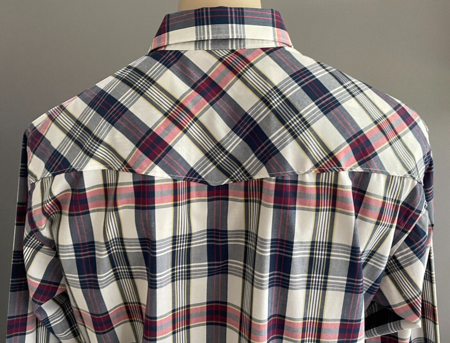 BISLEY Western Shirt Blue Red Yellow Check Pearl Snap Long Sleeve Mens Size L