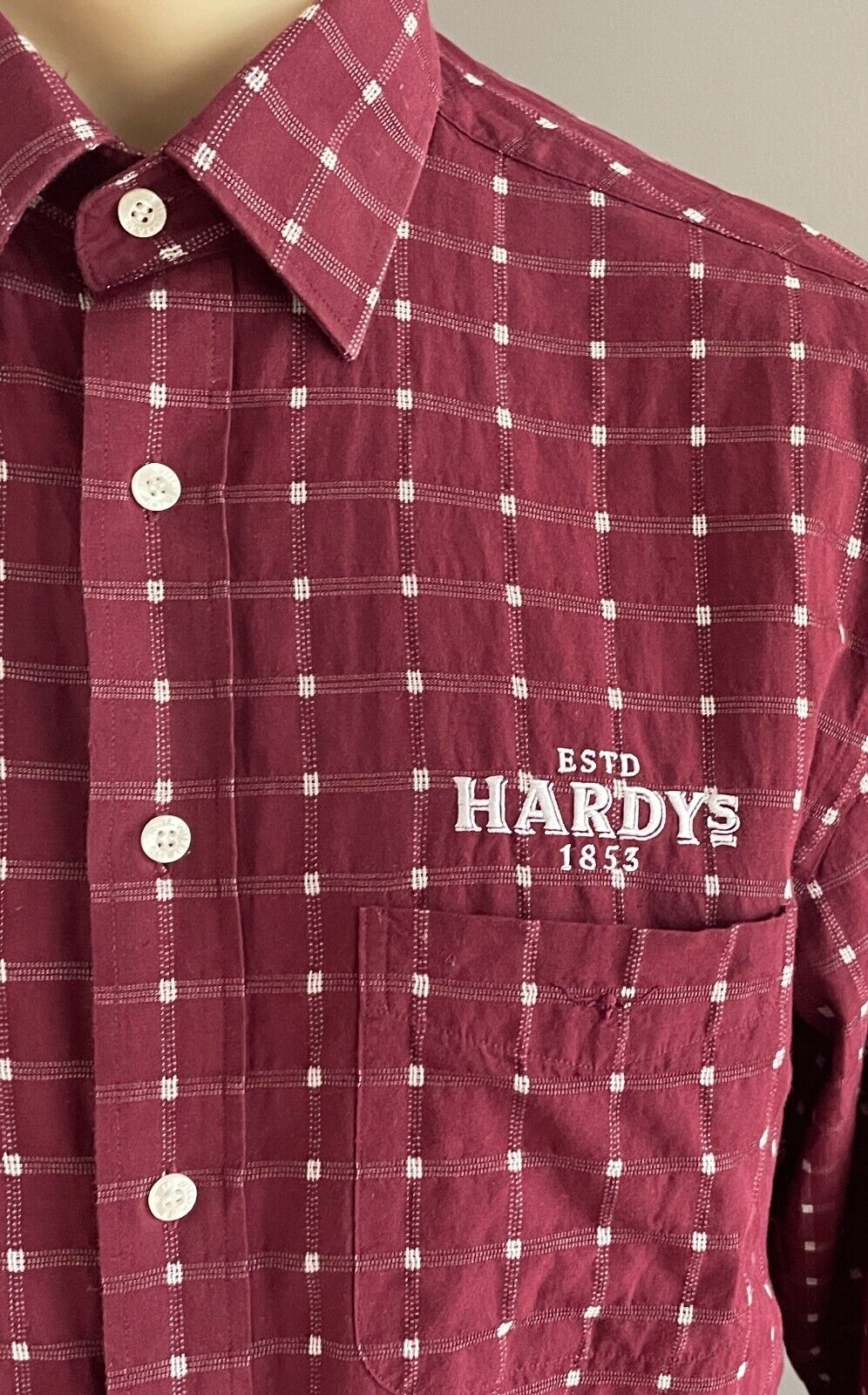 R M WILLIAMS Shirt Hardys Wine Burgundy & White Check Long Sleeve Mens Size S