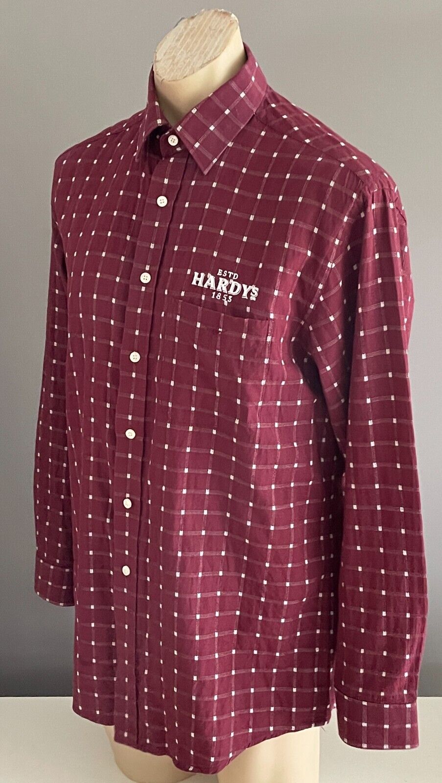 R M WILLIAMS Shirt Hardys Wine Burgundy & White Check Long Sleeve Mens Size S