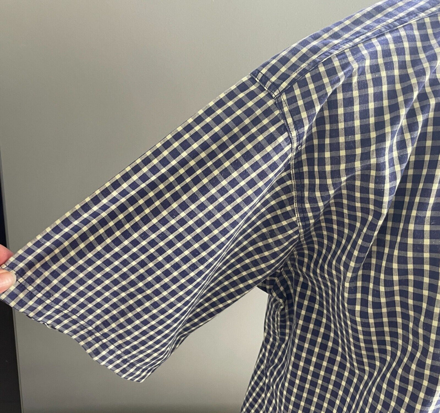 NOW Shirt Navy & Cream Check Print Classic Fit Short Sleeves Cotton Mens Size L