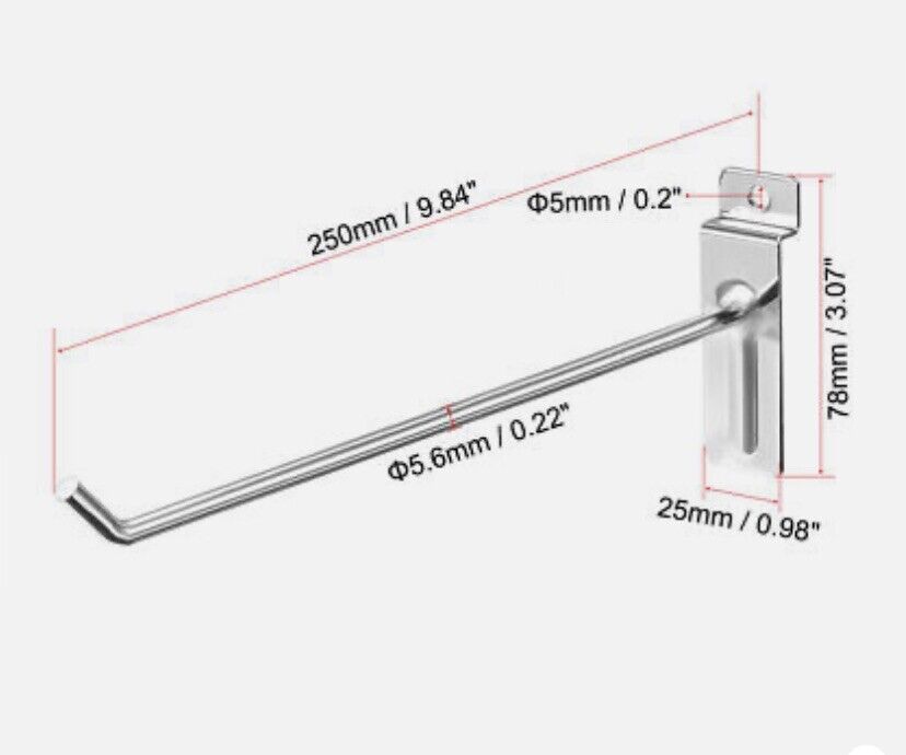23 X 25cm Chrome Slat Wall Hook Shop Garage Retail Store Display Silver Slatwall