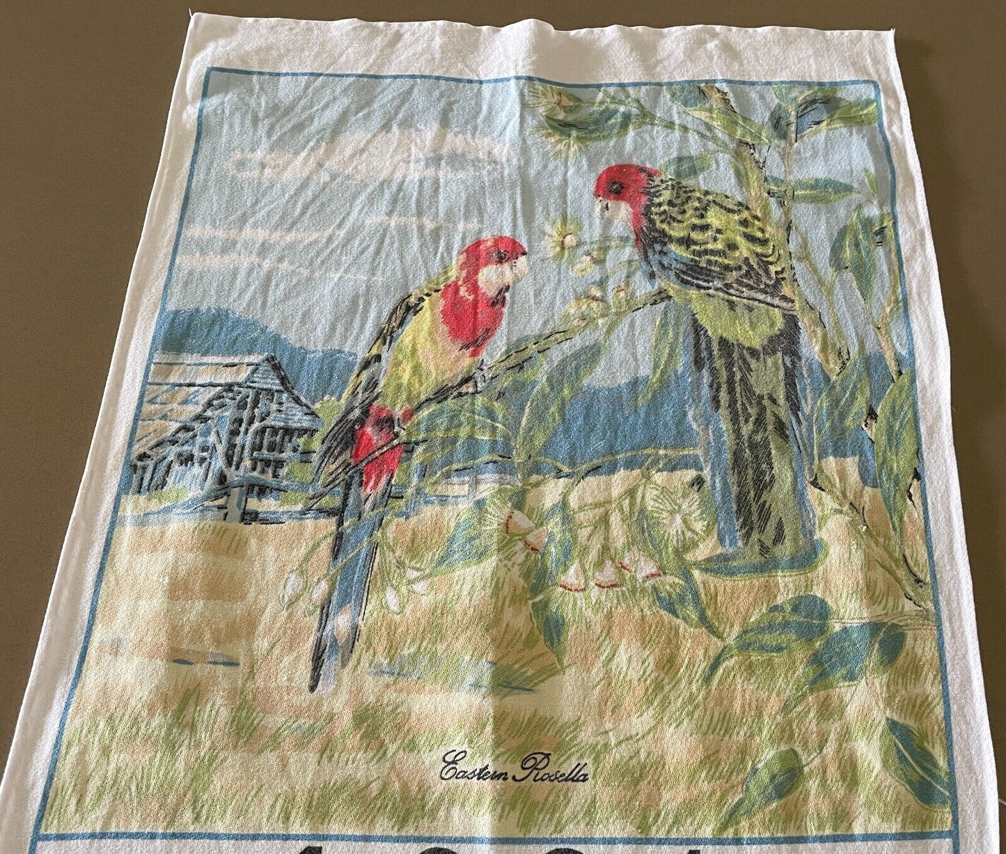 Vintage 1994 Tea Towel Eastern Rosella Country Scene Print Calendar Year