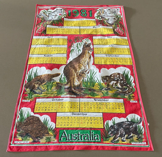 Vintage Souvenir Tea Towel Australian Animals "1981" Calendar Year Cotton