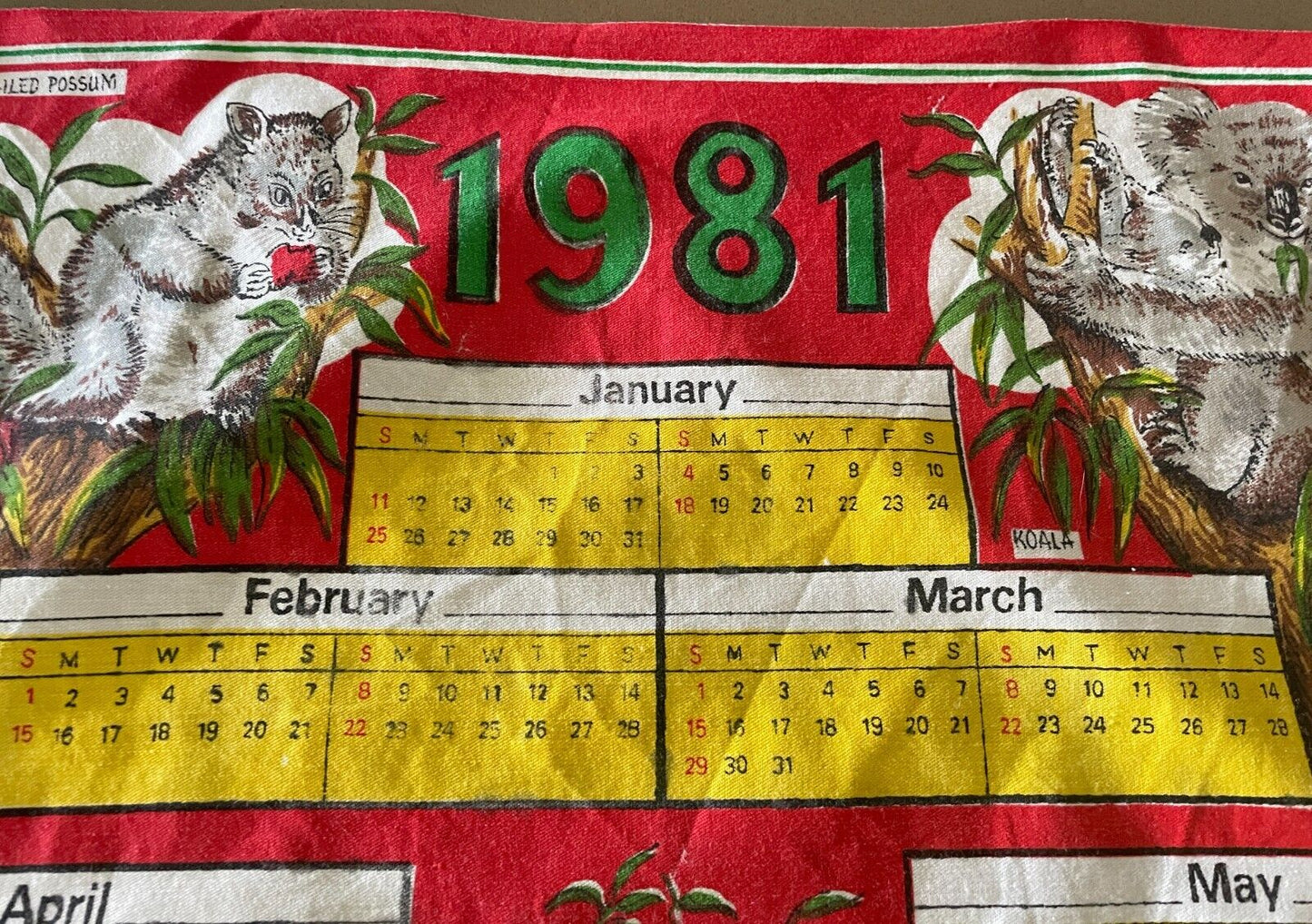 Vintage Souvenir Tea Towel Australian Animals "1981" Calendar Year Cotton
