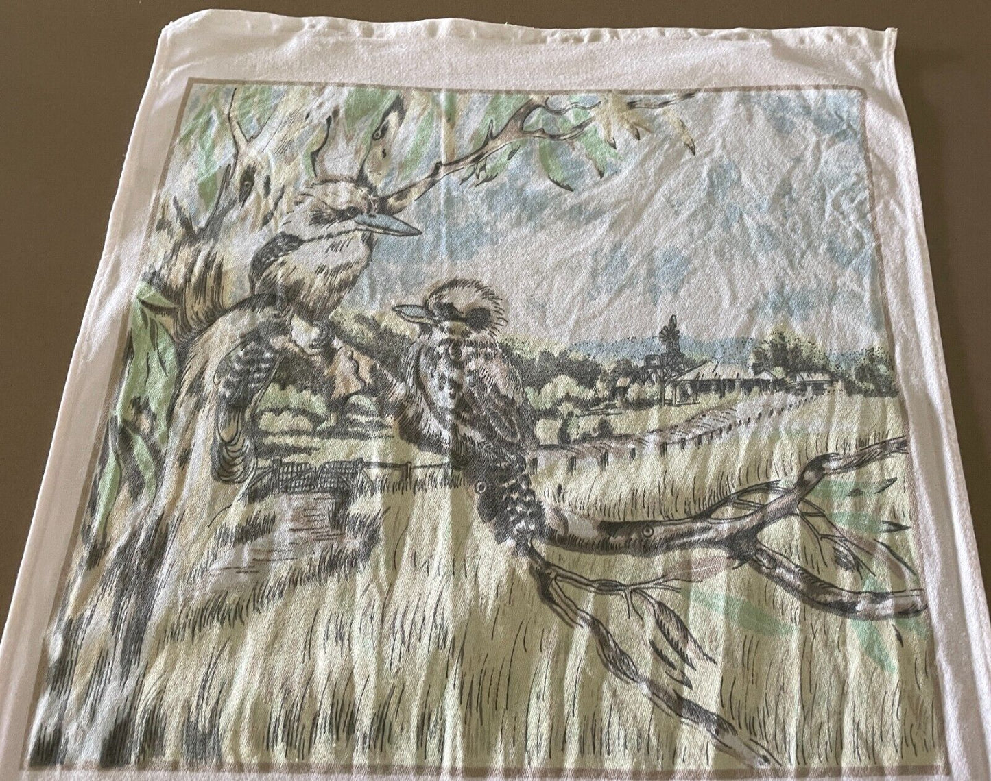 Vintage 1995 Tea Towel Kookaburra Rural Country Scene Print Calendar Year