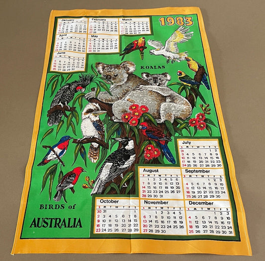 Vintage Retro "1983" Tea Towel BIRDS OF AUSTRALIA Koalas Flowers Calendar Year
