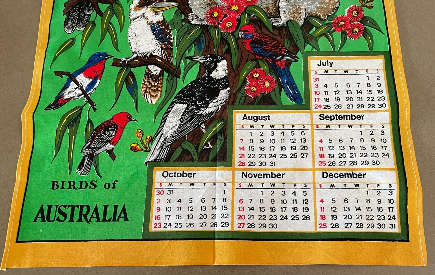 Vintage Retro "1983" Tea Towel BIRDS OF AUSTRALIA Koalas Flowers Calendar Year