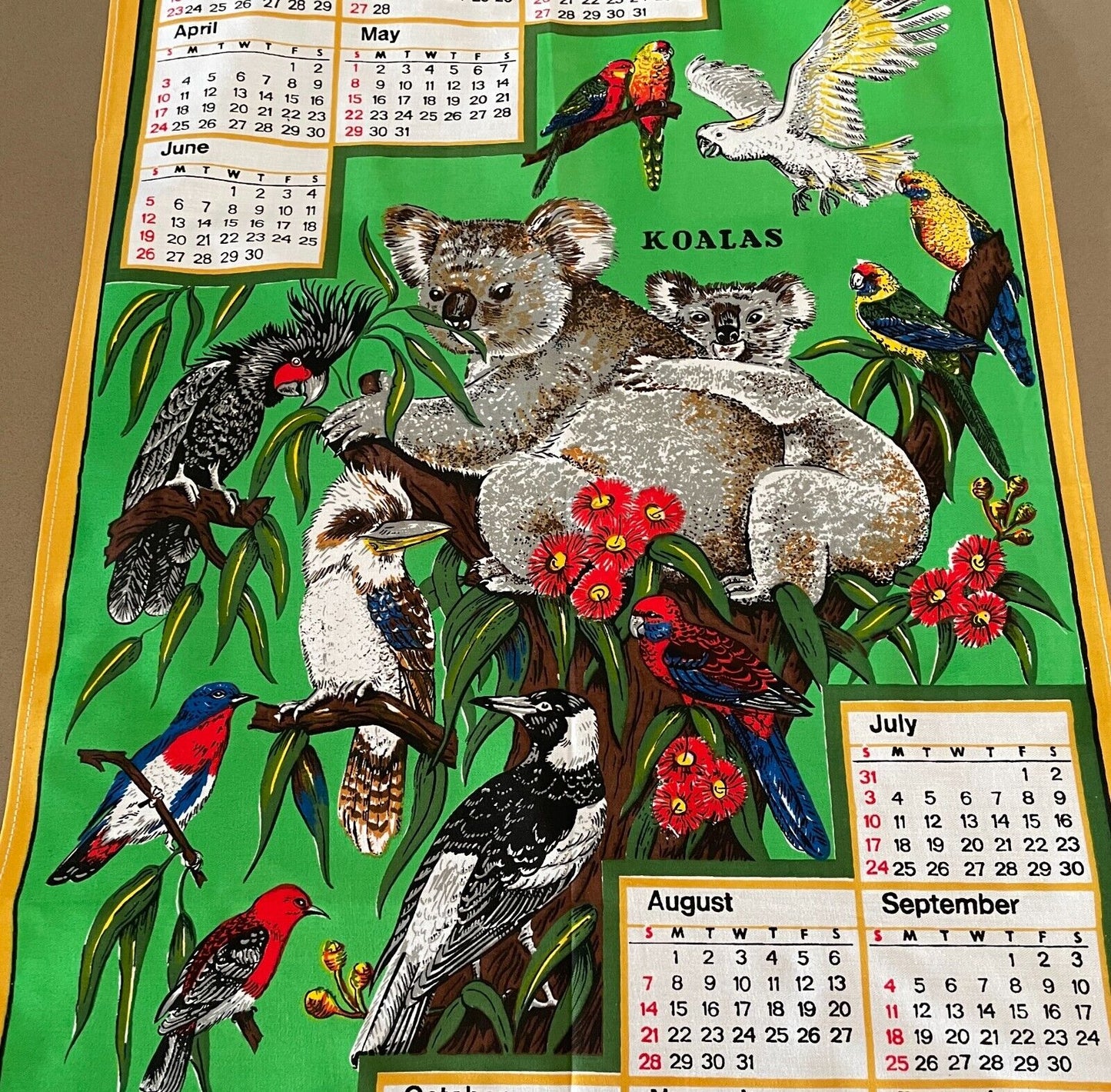 Vintage Retro "1983" Tea Towel BIRDS OF AUSTRALIA Koalas Flowers Calendar Year