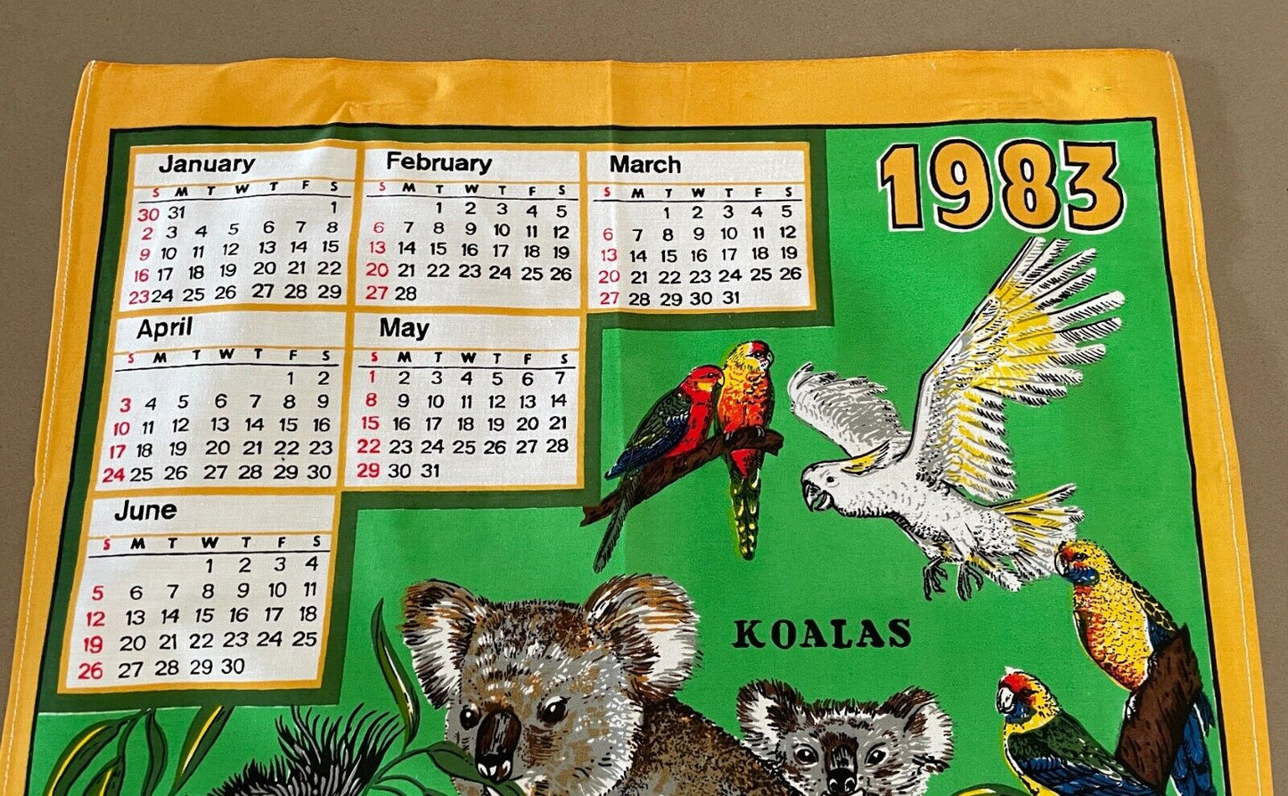 Vintage Retro "1983" Tea Towel BIRDS OF AUSTRALIA Koalas Flowers Calendar Year