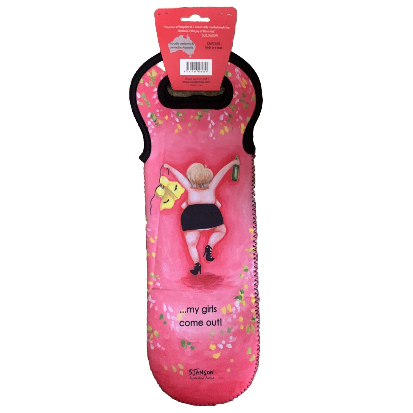 WINE SAC ‘ Girls Are Out’  Sue Janson Australia Design Neoprene Novelty Gift NEW