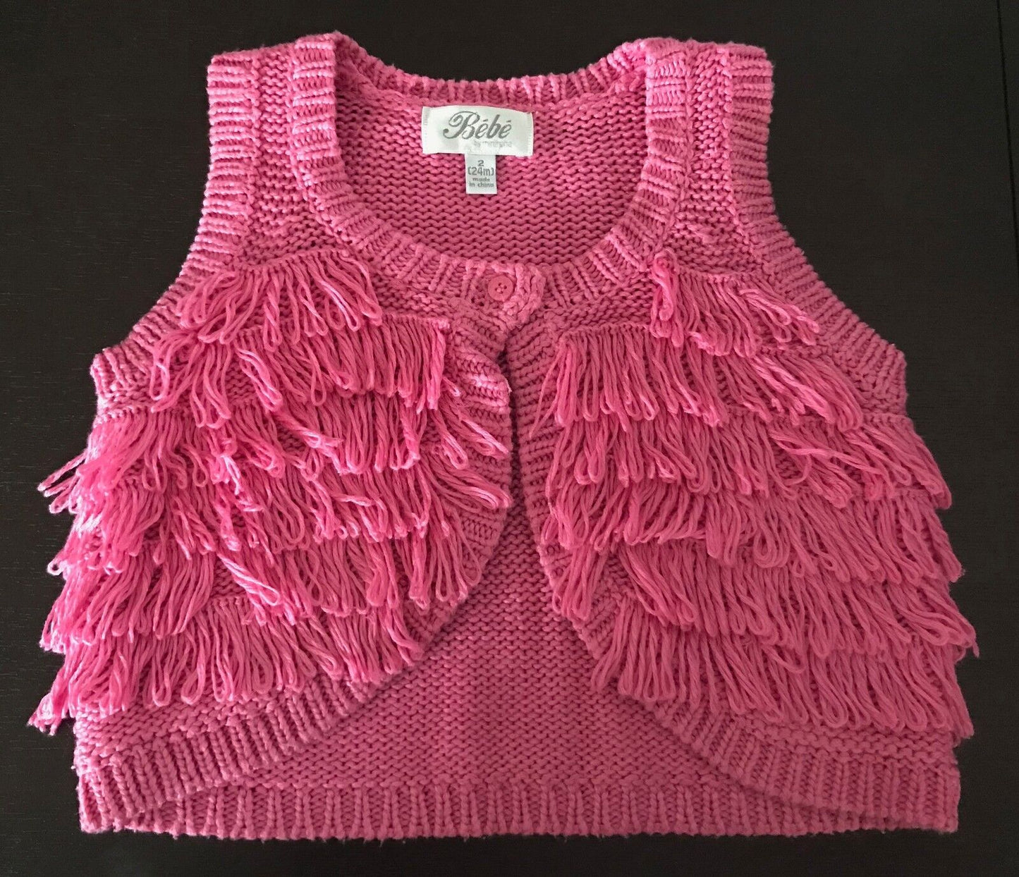 BEBE by MINIHAHA Pink Knit Vest Sleeveless Cardi Jacket Fringe Trim Girls Size 2